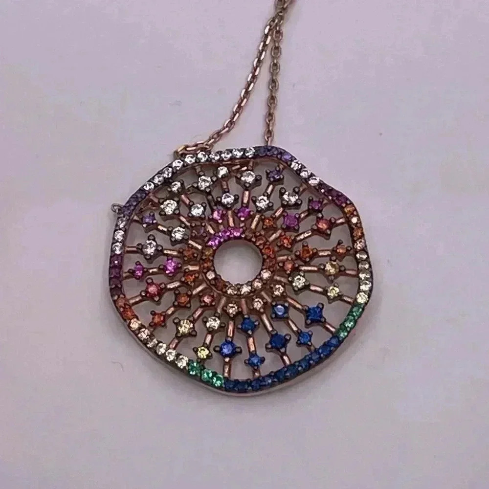 Multicolor Ruffled Disc Pendant .925 Rose Gold 16” chain 1” pendant